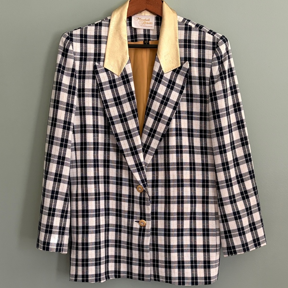 Marshall Rousso Las Vegas Size Large Vintage Dark Navy Blue & Gold Plaid Blazer
